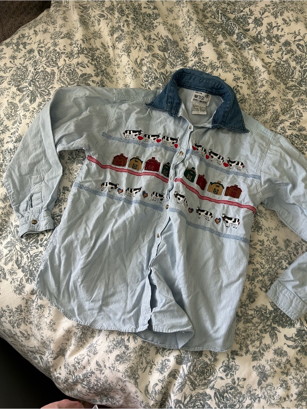 Cottage core vintage light Blue Embroidered Farmhouse 100% cotton